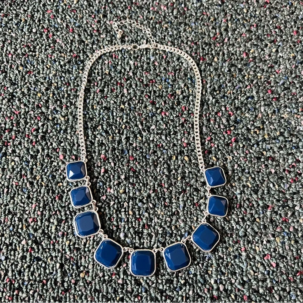Vintage 2010s Square Cut Navy Blue Stone Bezel Facets Silver Statement Necklace